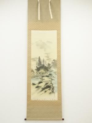 長尾梅友筆　四神相応山水図　肉筆絹本掛軸（共箱）